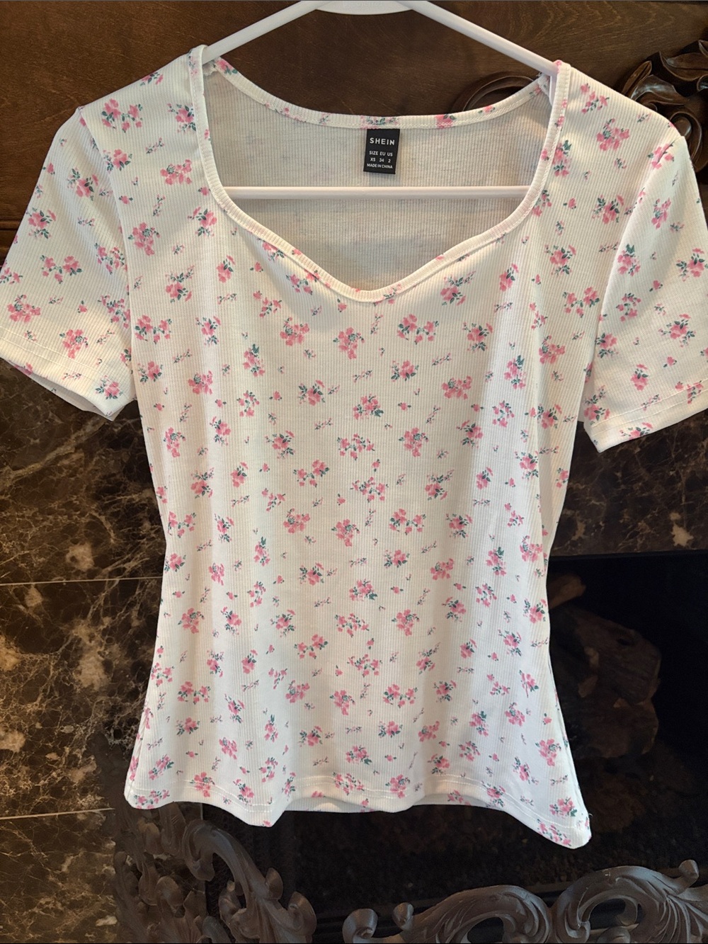 SHEIN White Short Sleeve Top with Pink Floral Print
